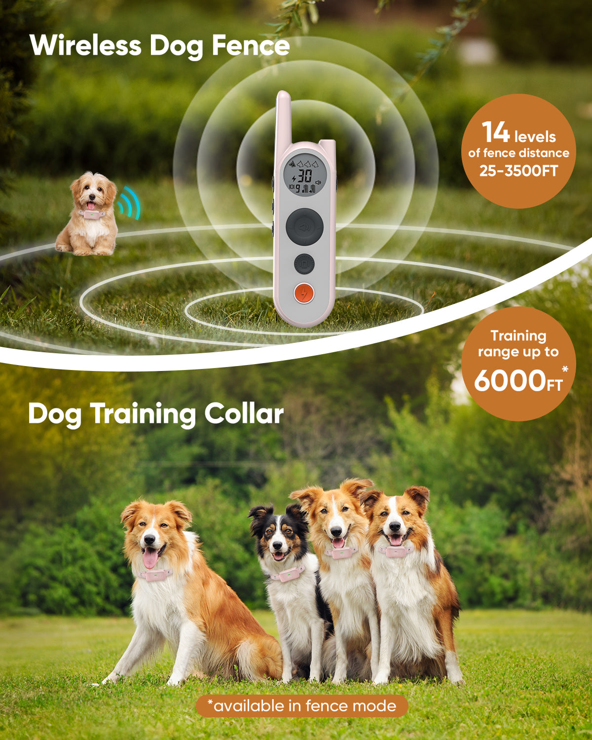 Htcuto Wireless Dog Fence for 2 Dogs 3500FT Electric Fence for Dogs No Wire Boundary Training Shock Collar with Remote 185 Days Battery Rechargeable, Waterproof Wireless Collar (Pink, 2 Collars)