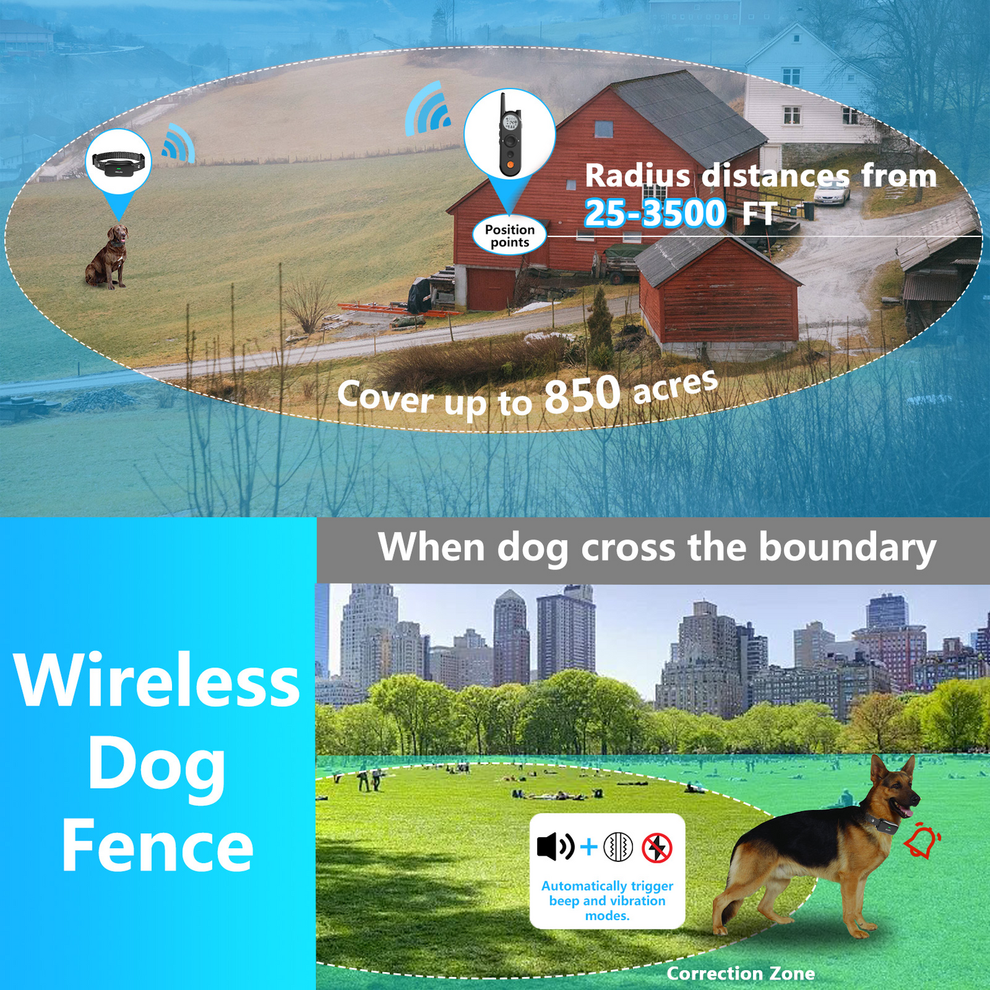 Wireless Dog Fence for 2 Dogs, 3500ft Electric Dog Fence and 6100Ft Remote Training,185 Days Batterry Rechargeble,IPX7 Waterproof Collar, 3 Modes for Dogs (Black for 2 dogs)