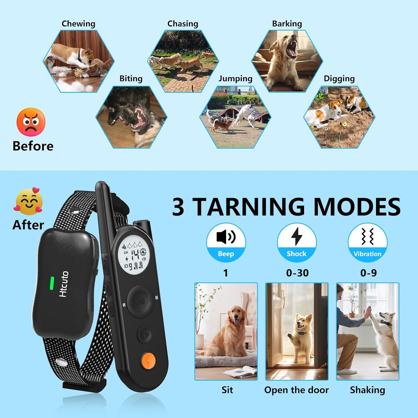 Wireless dog fence & electronic training collar 2 in 1, 3500FT wireless fence, 6100FT remote training, IPX7 waterproof collar, dual-channel display power, multi-function wireless dog fence