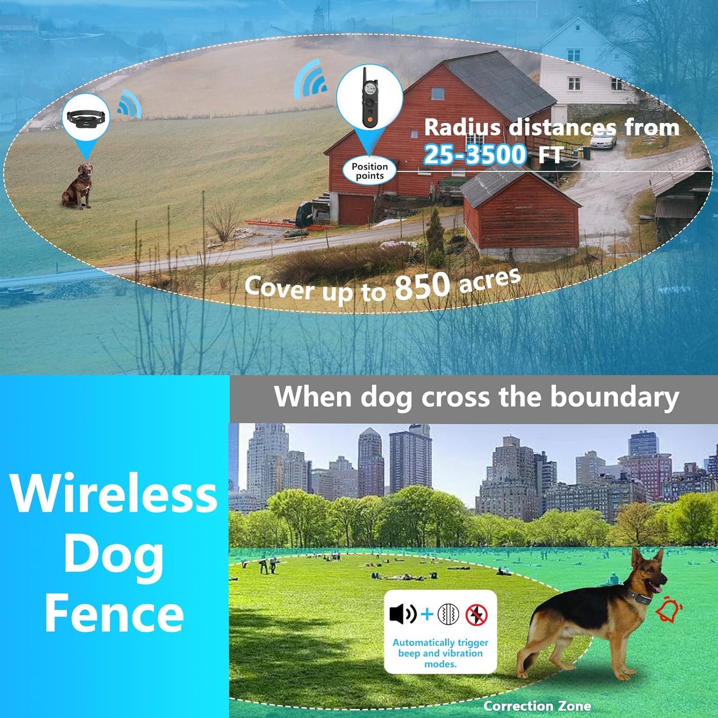 Wireless dog fence & electronic training collar 2 in 1, 3500FT wireless fence, 6100FT remote training, IPX7 waterproof collar, dual-channel display power, multi-function wireless dog fence