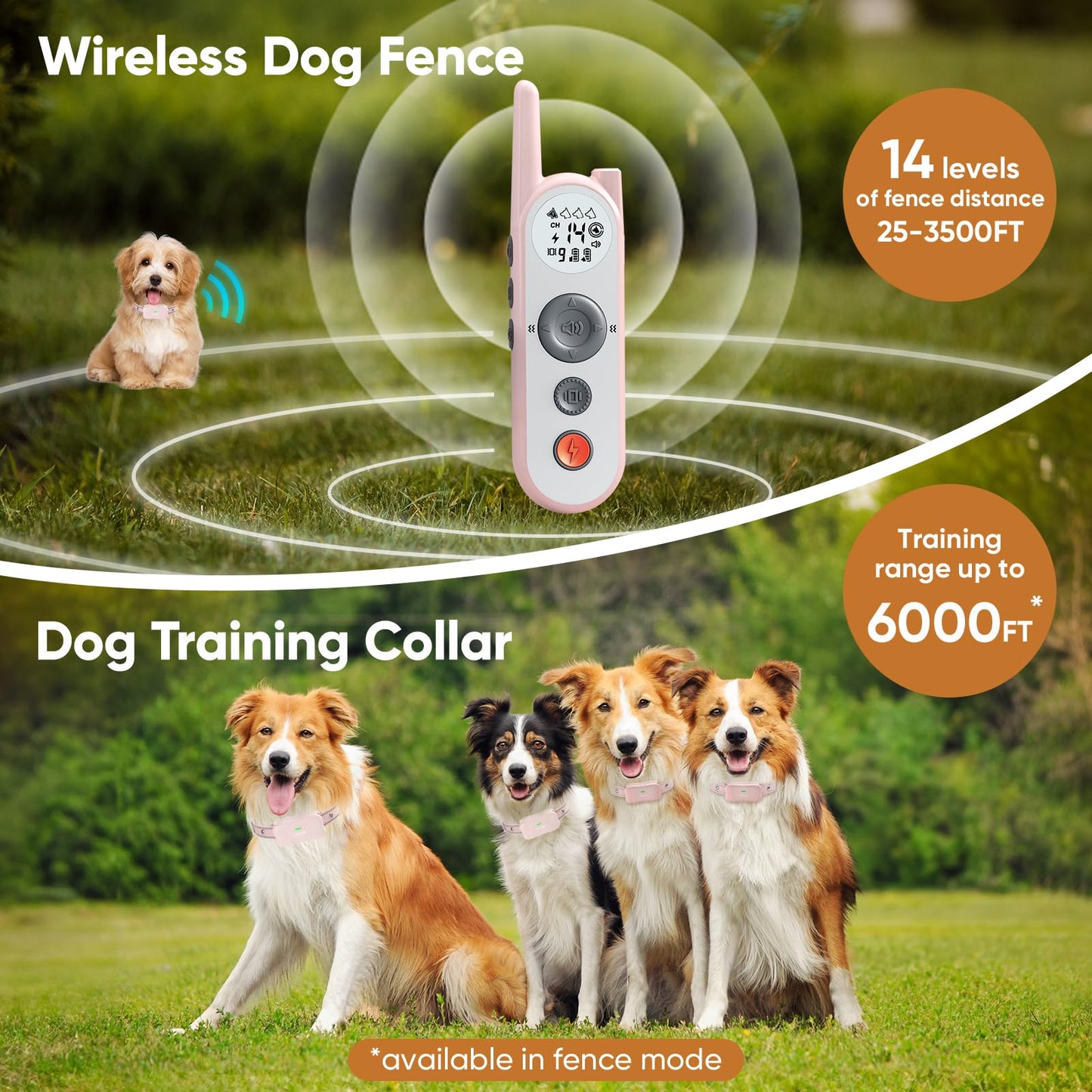 Wireless Dog Fence System - 3500ft Range, 6000ft Remote Training Collar 2-in-1, Rechargeable, IPX7 Waterproof, 3 Modes (Beep, Vibration, Safe Static), Keypad Lock, LED Light for 10-130lbs Dogs