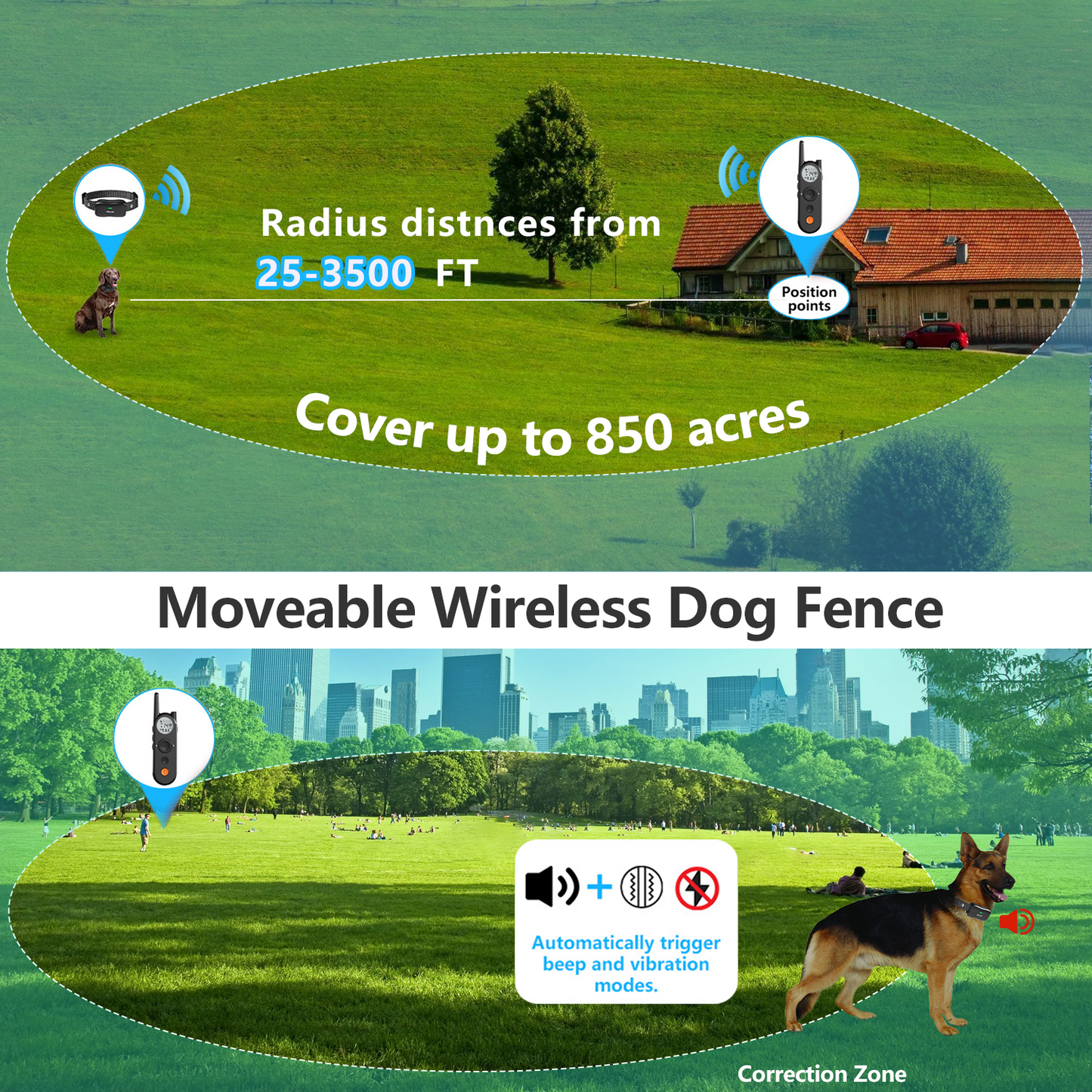 Wireless Dog Fence 3500FT Electric Fence and 6100FT Remote Training Collar, 185 Days Rechargeable Battery - IPX7 Waterproof Collar, Vibrate/Beep/Shock Modes for All Dogs